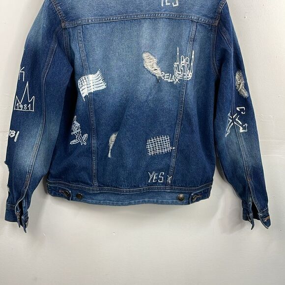 WAIMEA Men's Distressed Graphic Denim Jeans Jacket size Small - Picture 8 of 13